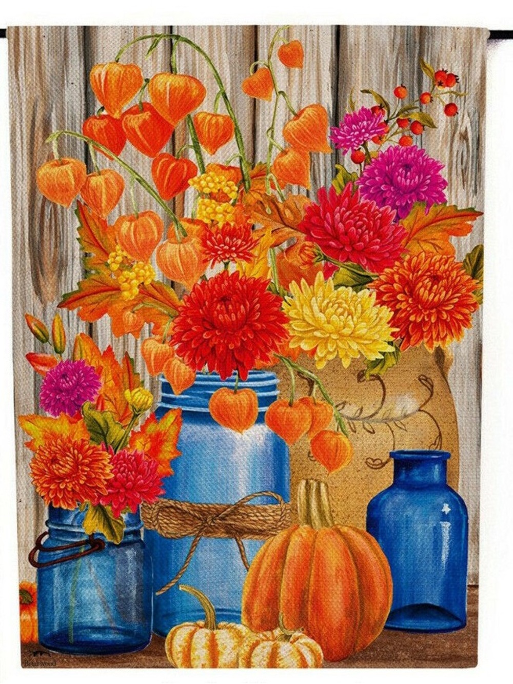 Autumn Bouquet Garden flag Orange & Blue Accents